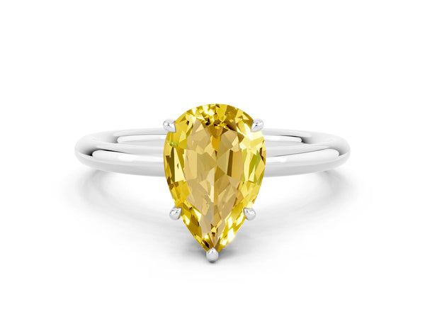 White gold Pear Cut Yellow Sapphire Solitaire Ring with Thin Band and Four-Prong Setting