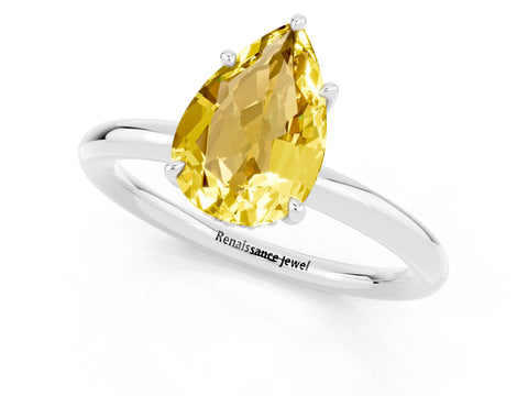 White gold Pear Cut Yellow Sapphire Solitaire Ring with Thin Band and Four-Prong Setting_37