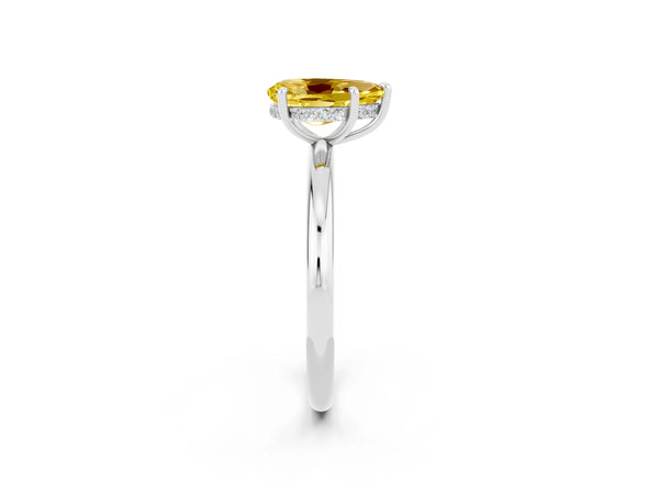 Platinum Pear Cut Yellow Sapphire Solitaire Ring with Thin Band and Four-Prong Setting