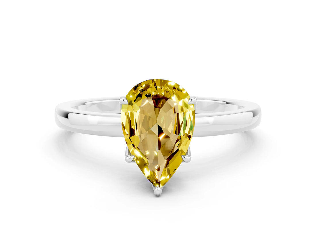 White gold Pear Cut Yellow Sapphire Solitaire Ring with Thin Band and Prong Setting_12