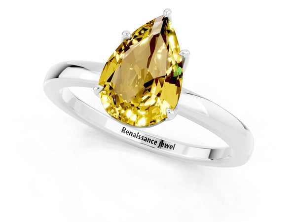 Platinum Pear Cut Yellow Sapphire Solitaire Ring with Thin Band and Prong Setting