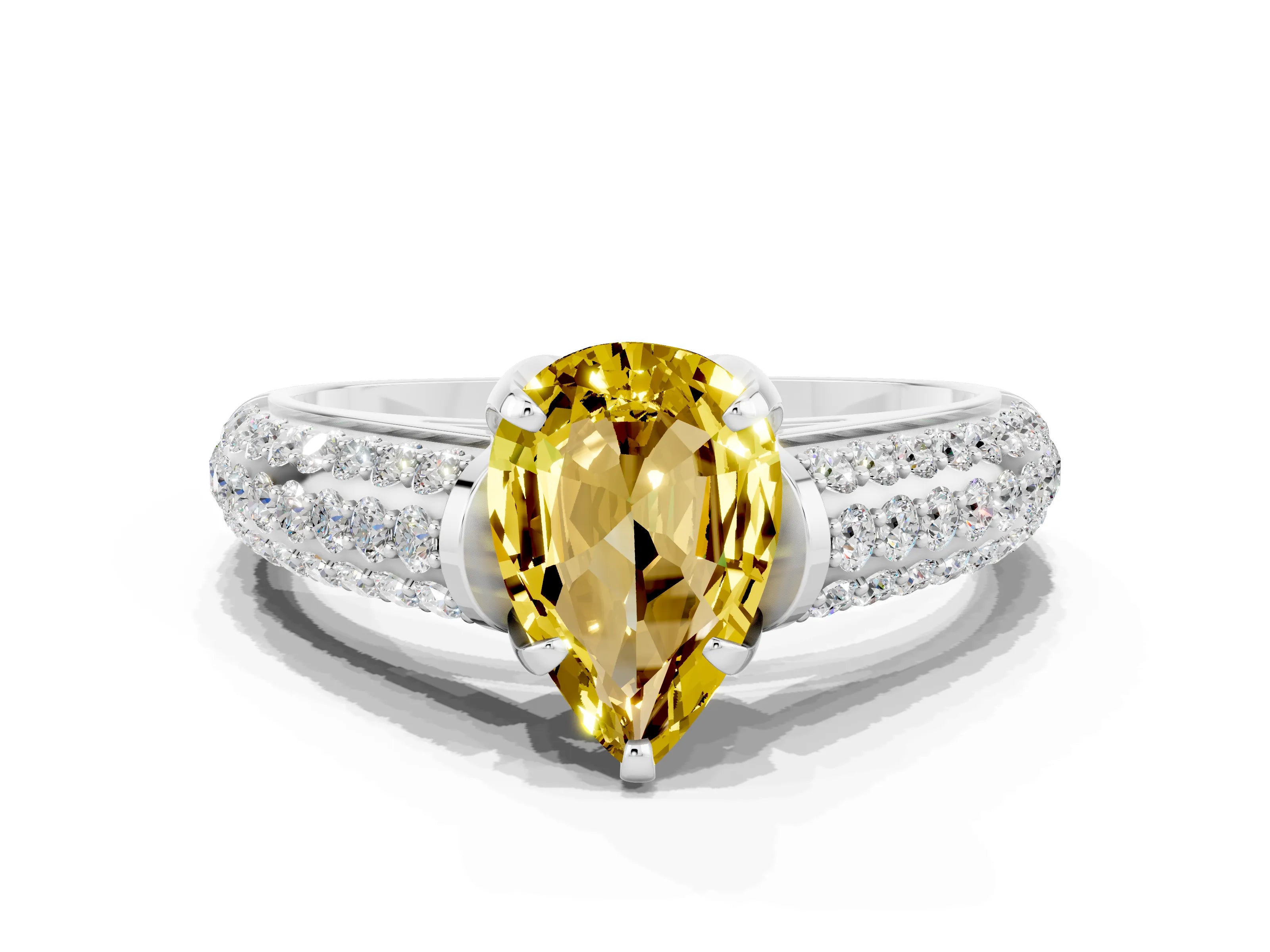 White gold Pear Cut Yellow Sapphire Solitaire Ring with Three-Row Pavé Band and Four-Prong Setting_12