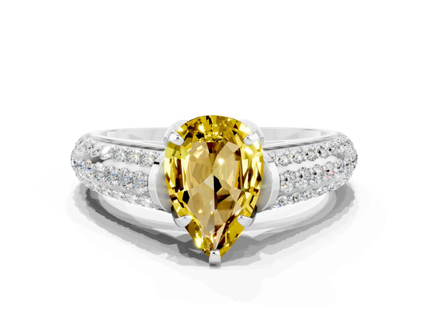 Silver Pear Cut Yellow Sapphire Solitaire Ring with Three-Row Pavé Band and Four-Prong Setting