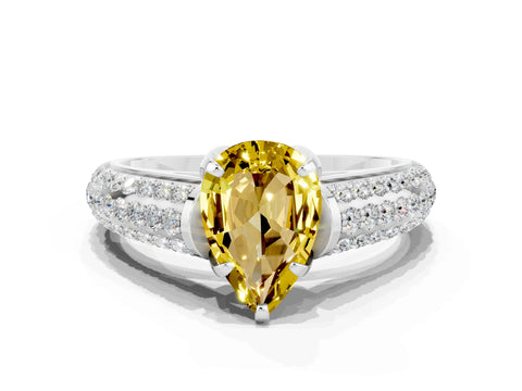 White gold Pear Cut Yellow Sapphire Solitaire Ring with Three-Row Pavé Band and Four-Prong Setting_12