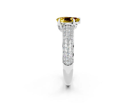 White gold Pear Cut Yellow Sapphire Solitaire Ring with Three-Row Pavé Band and Four-Prong Setting_14