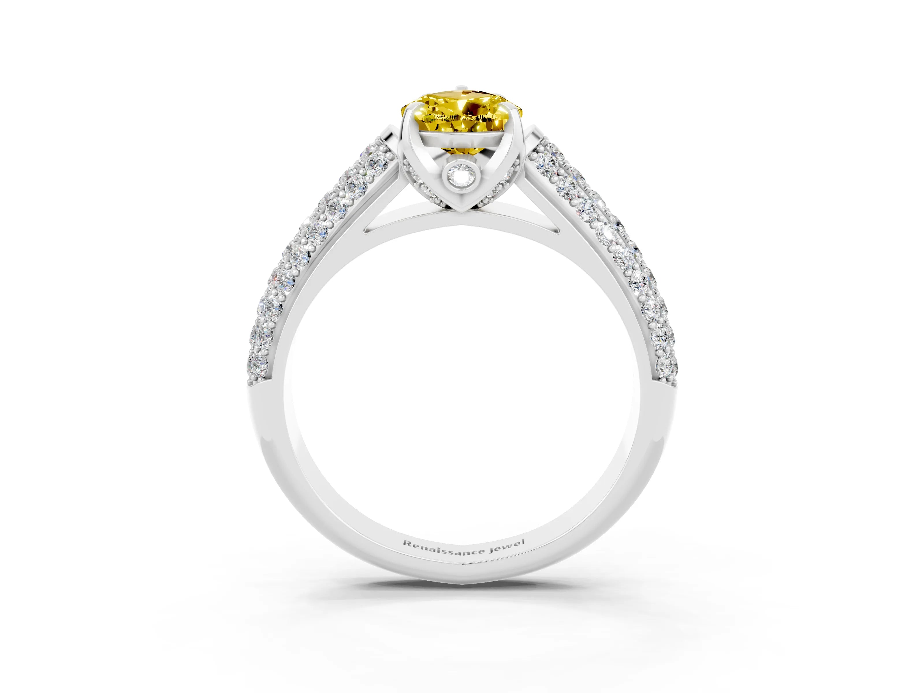 White gold Pear Cut Yellow Sapphire Solitaire Ring with Three-Row Pavé Band and Four-Prong Setting_15