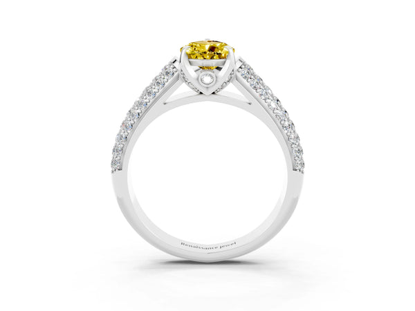 White gold Pear Cut Yellow Sapphire Solitaire Ring with Three-Row Pavé Band and Four-Prong Setting
