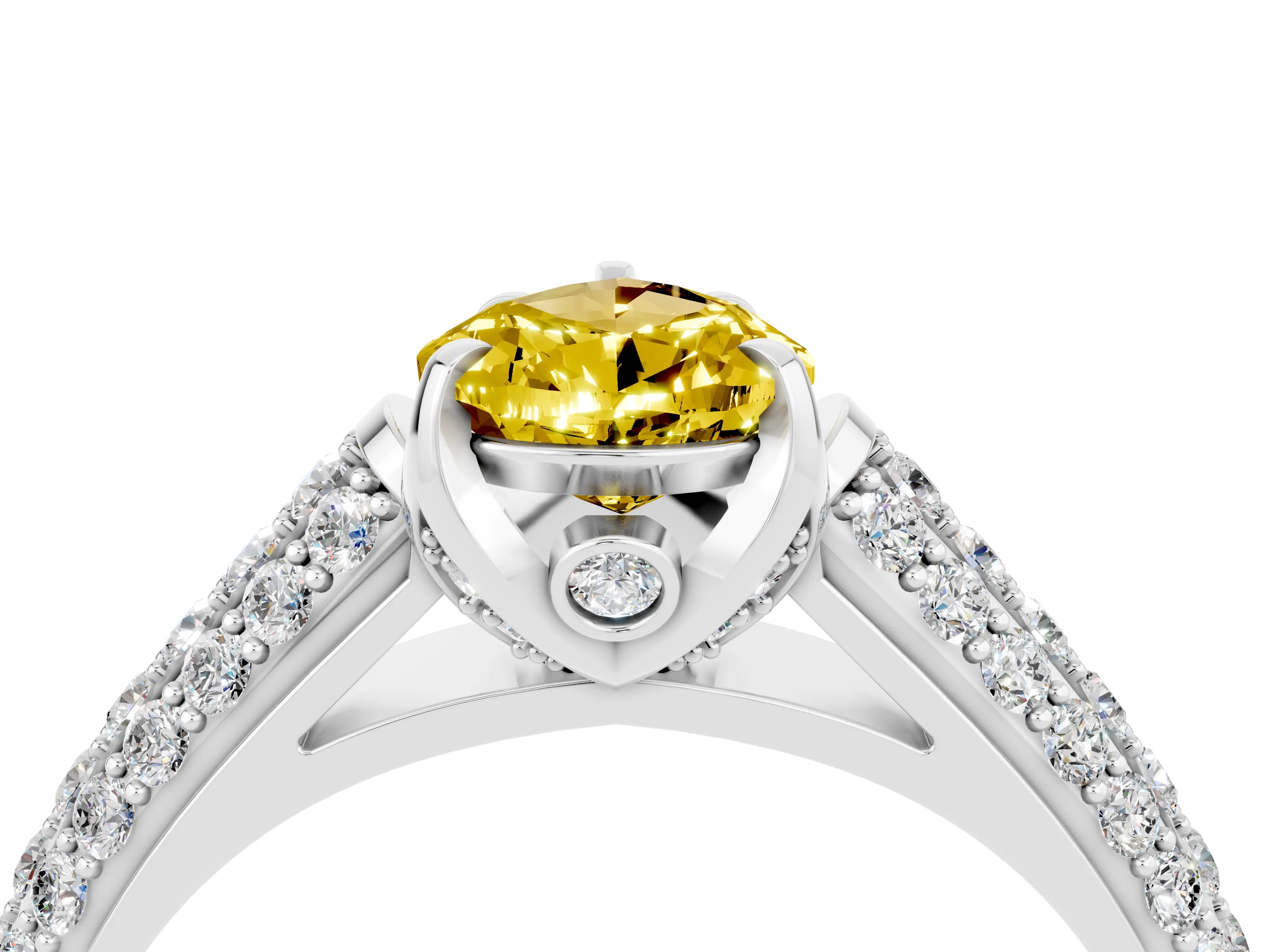 White gold Pear Cut Yellow Sapphire Solitaire Ring with Three-Row Pavé Band and Four-Prong Setting_16
