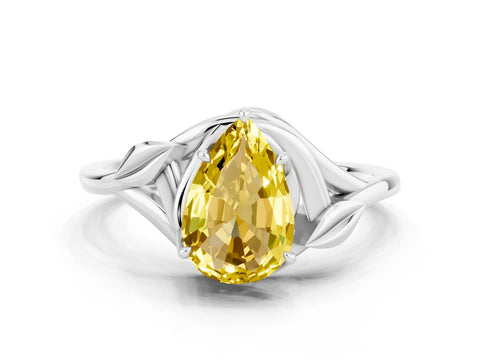 White gold Pear Cut Yellow Sapphire Solitaire Ring with Twist Band and Four-Prong Setting_12