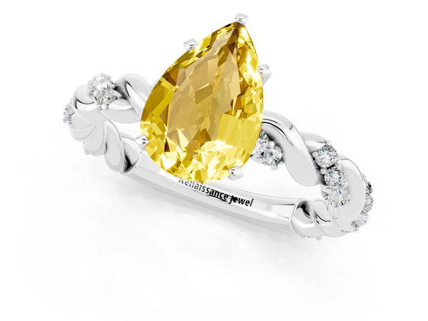 White gold Pear Cut Yellow Sapphire Solitaire Ring with Twisted Band and Pavé Accents