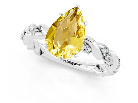 White gold Pear Cut Yellow Sapphire Solitaire Ring with Twisted Band and Pavé Accents_1