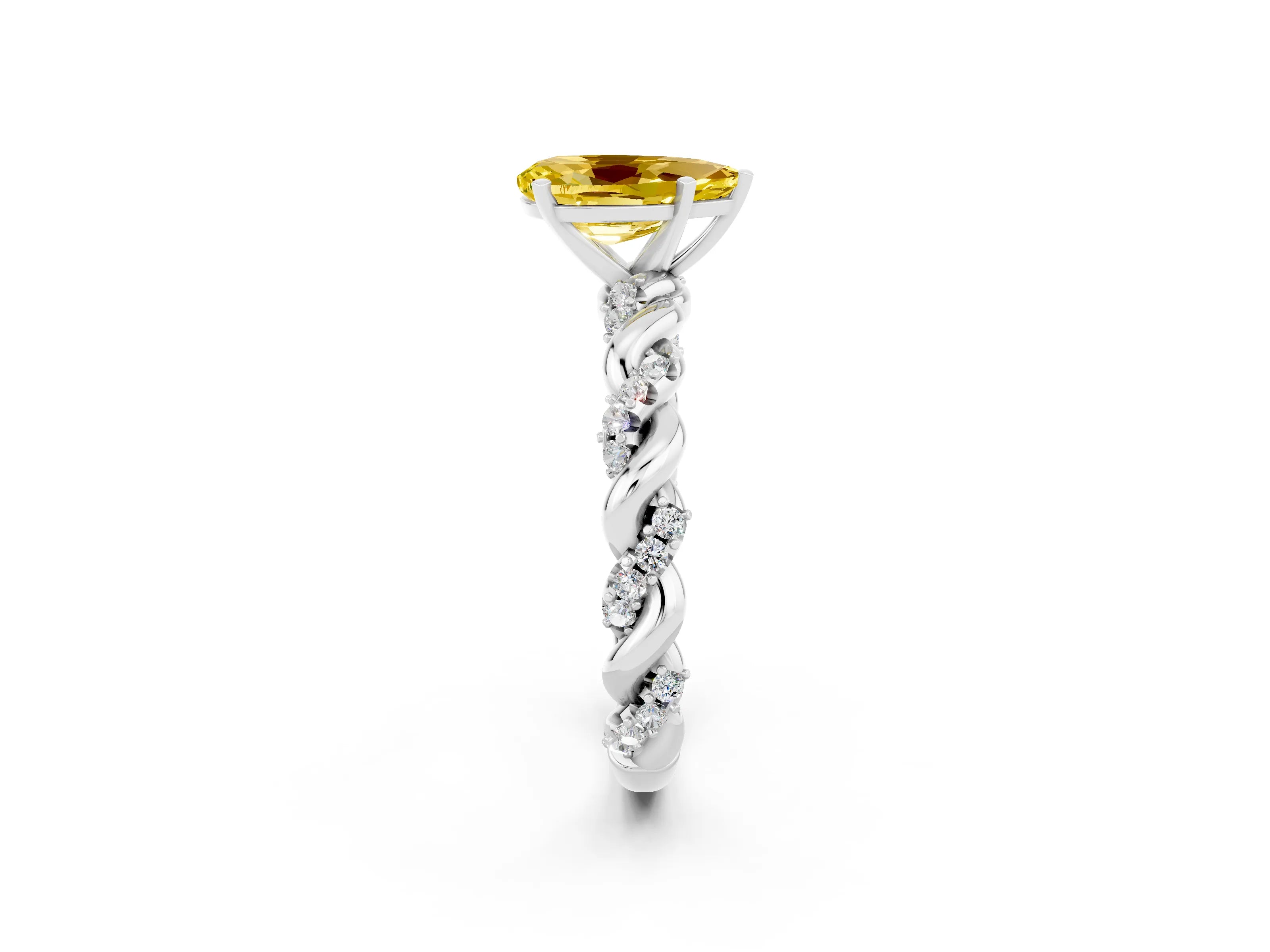 White gold Pear Cut Yellow Sapphire Solitaire Ring with Twisted Band and Pavé Accents_2
