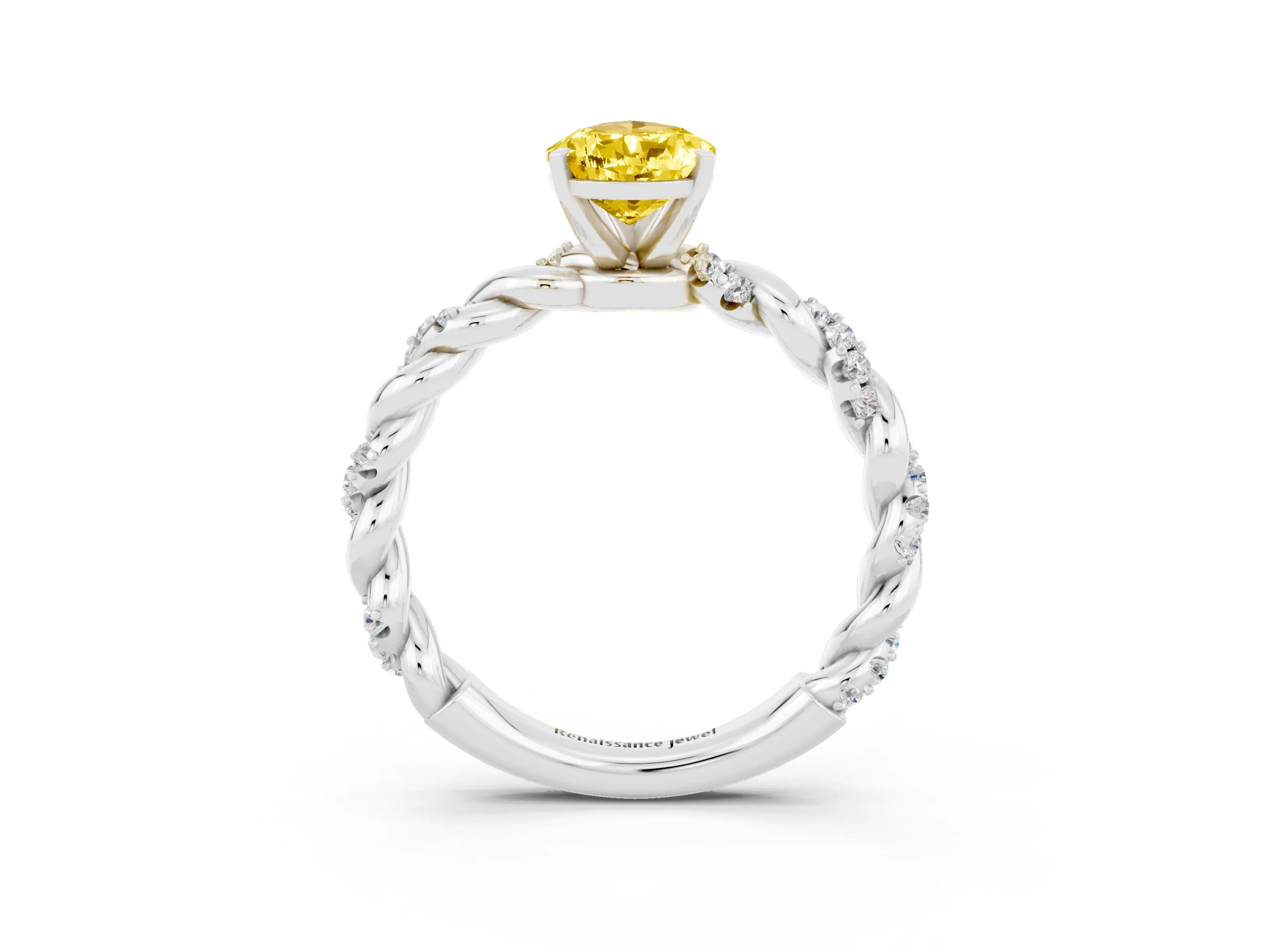 White gold Pear Cut Yellow Sapphire Solitaire Ring with Twisted Band and Pavé Accents_3