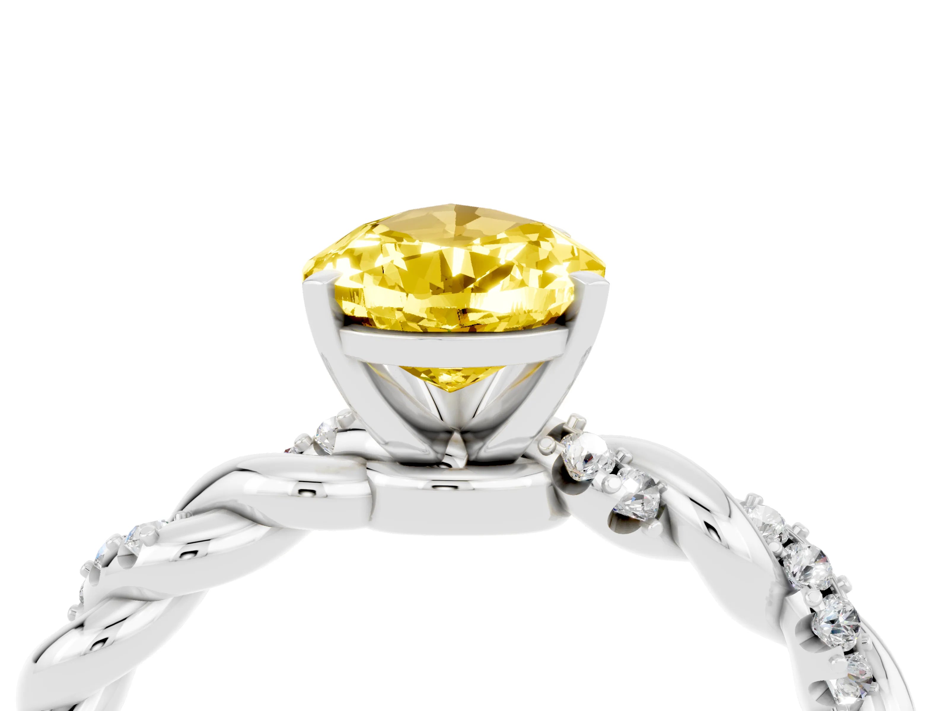 White gold Pear Cut Yellow Sapphire Solitaire Ring with Twisted Band and Pavé Accents_4