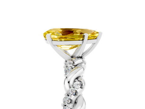 White gold Pear Cut Yellow Sapphire Solitaire Ring with Twisted Band and Pavé Accents_5