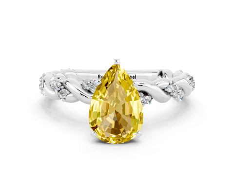 White gold Pear Cut Yellow Sapphire Solitaire Ring with Twisted Band and Pavé Accents