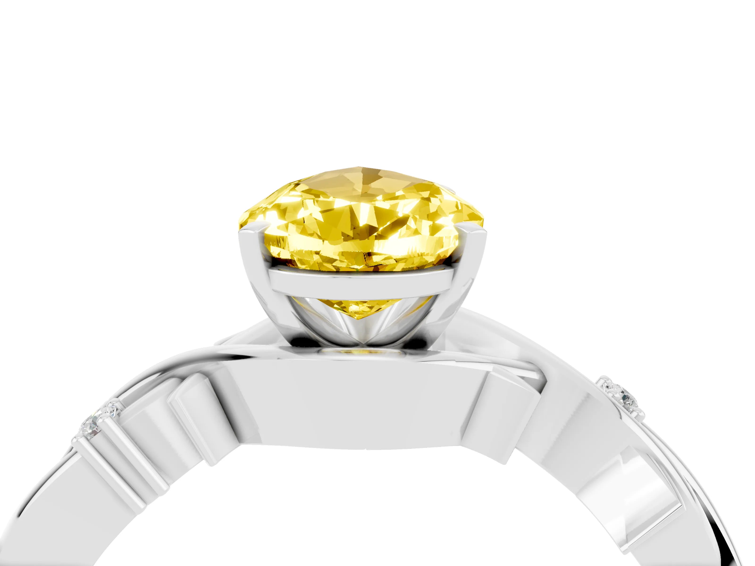 White gold Pear Cut Yellow Sapphire Solitaire Ring with Twisted Band and Prong Setting_16