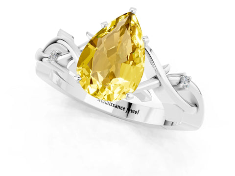 White gold Pear Cut Yellow Sapphire Solitaire Ring with Twisted Band and Prong Setting_1