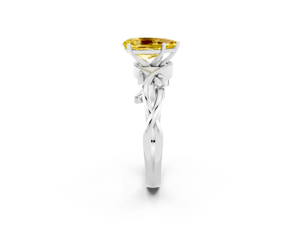 Platinum Pear Cut Yellow Sapphire Solitaire Ring with Twisted Band and Prong Setting