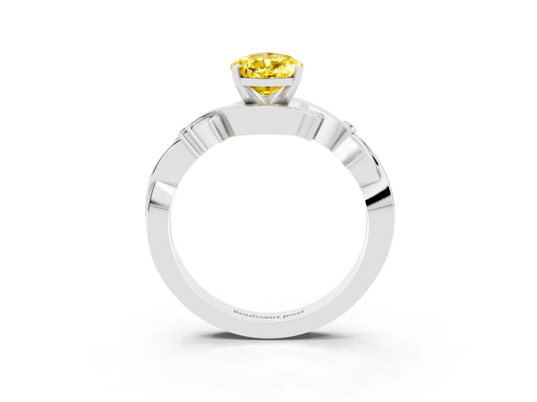 Silver Pear Cut Yellow Sapphire Solitaire Ring with Twisted Band and Prong Setting