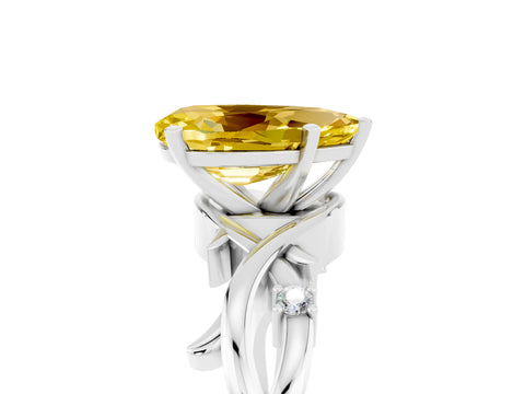 White gold Pear Cut Yellow Sapphire Solitaire Ring with Twisted Band and Prong Setting_5