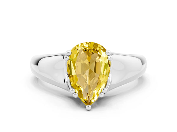 Platinum Pear Cut Yellow Sapphire Solitaire Ring with Wide Band and Prong Setting