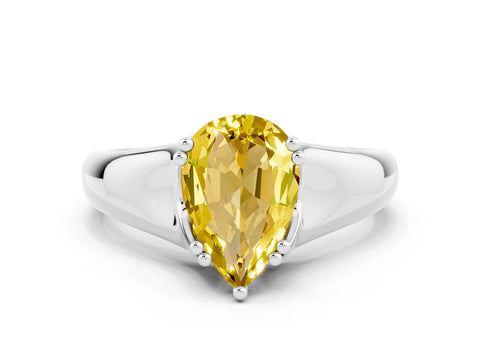 White gold Pear Cut Yellow Sapphire Solitaire Ring with Wide Band and Prong Setting_24