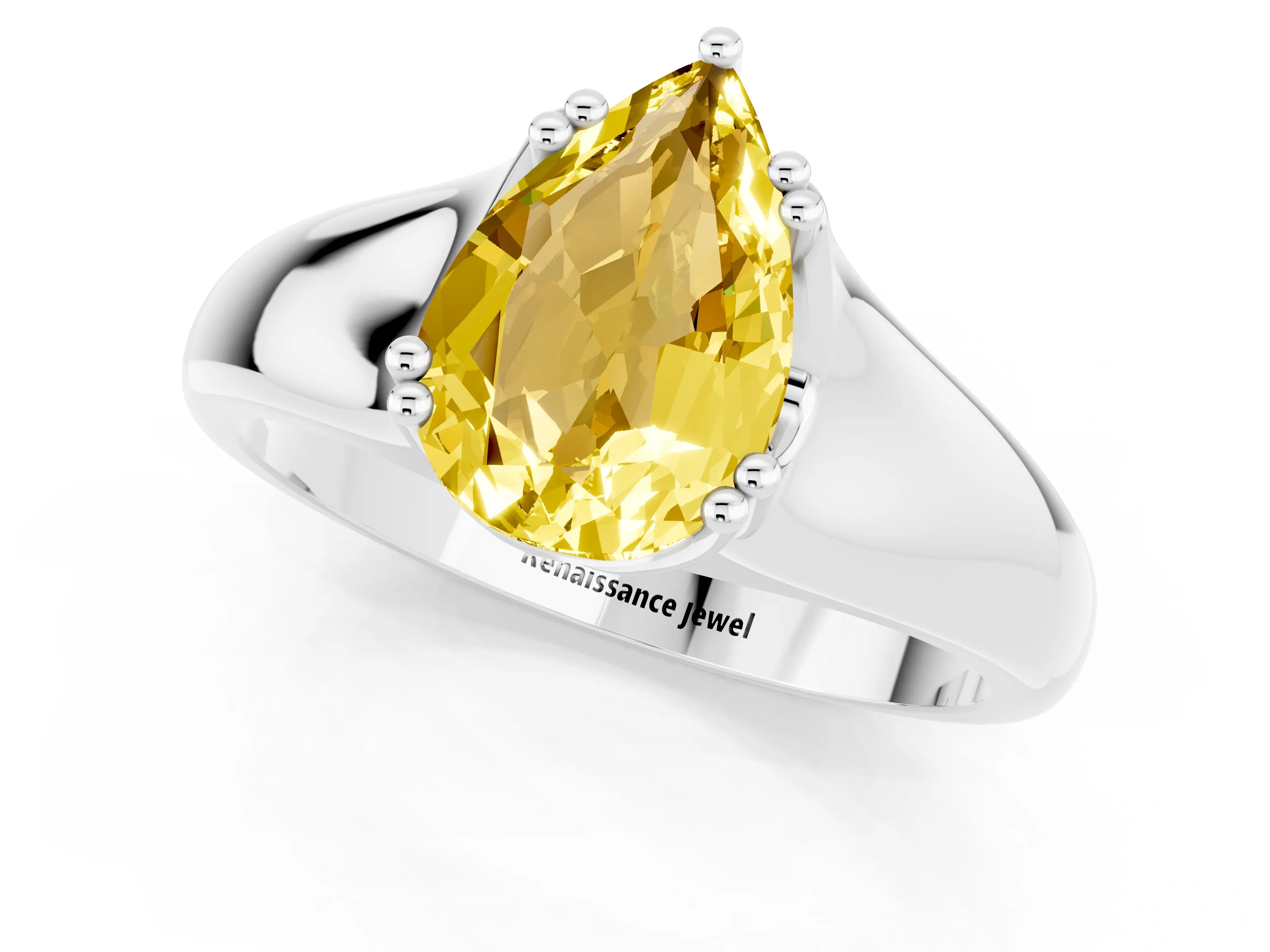White gold Pear Cut Yellow Sapphire Solitaire Ring with Wide Band and Prong Setting_25