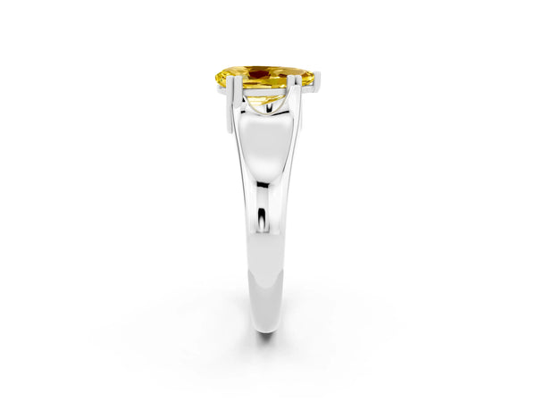 Platinum Pear Cut Yellow Sapphire Solitaire Ring with Wide Band and Prong Setting