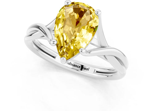 White gold Pear Cut Yellow Sapphire Solitaire Twist Band Prong Setting Ring_85