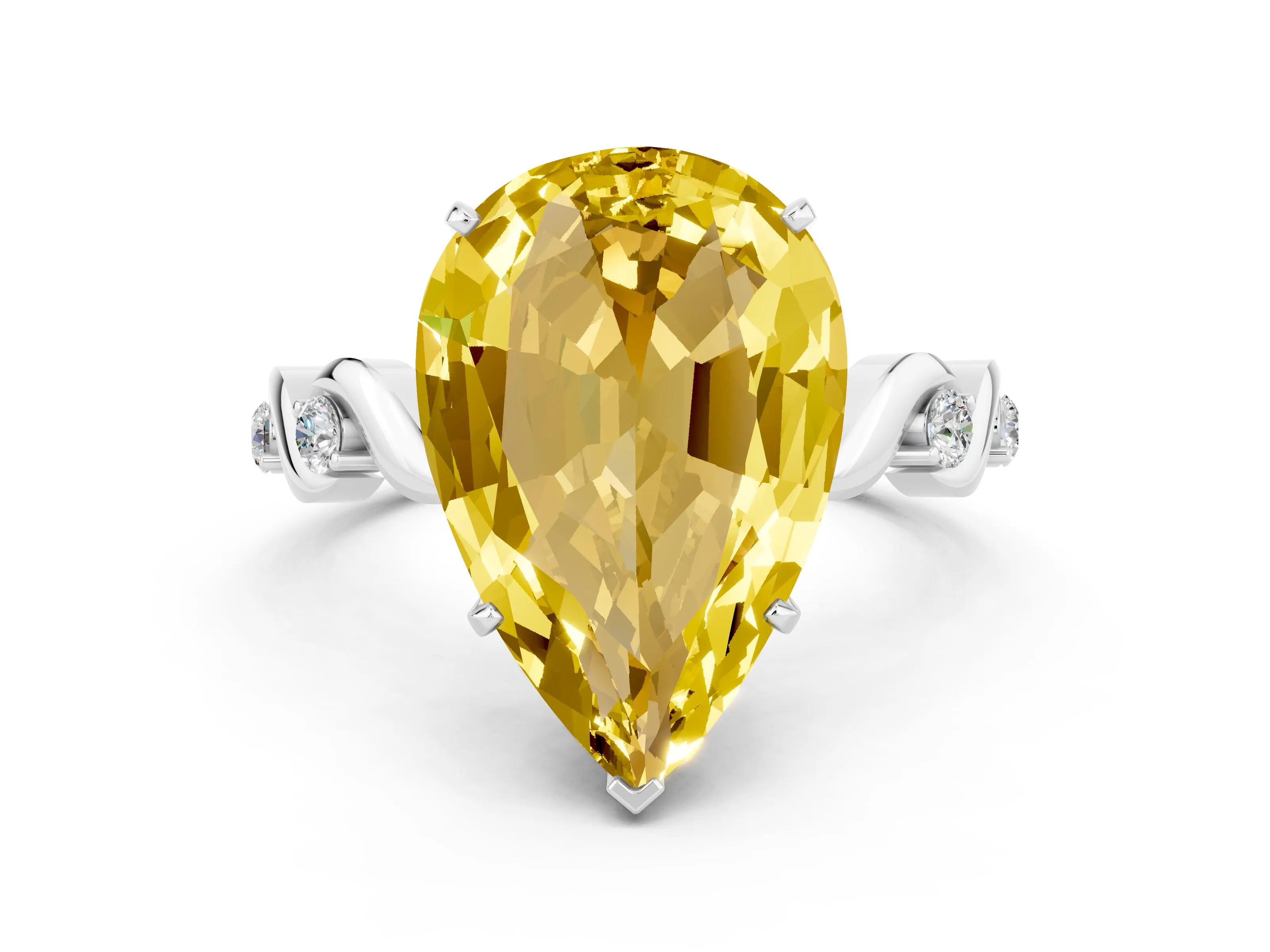 White gold Pear Cut Yellow Sapphire Solitaire Twisted Band with Round  Accents and Prong Setting_12