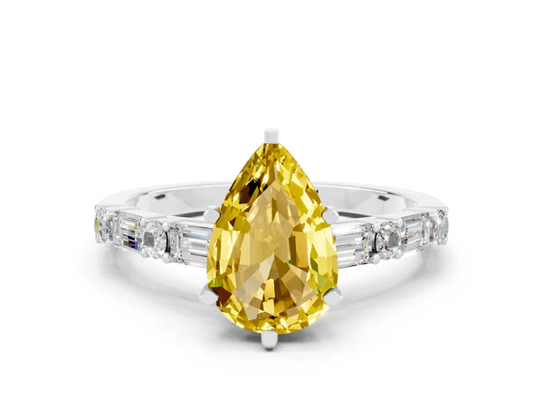 Platinum Pear Cut Yellow Sapphire Solitaire with Side Baguettes and Channel Set Band