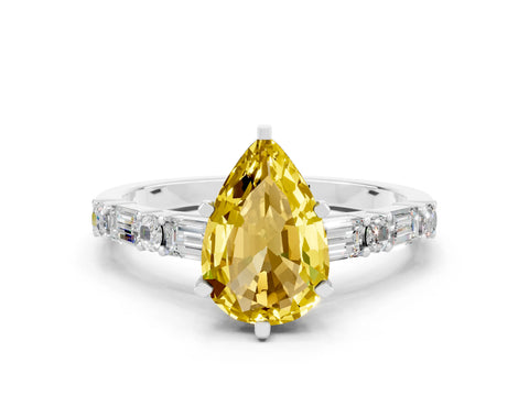 White gold Pear Cut Yellow Sapphire Solitaire with Side Baguettes and Channel Set Band_24