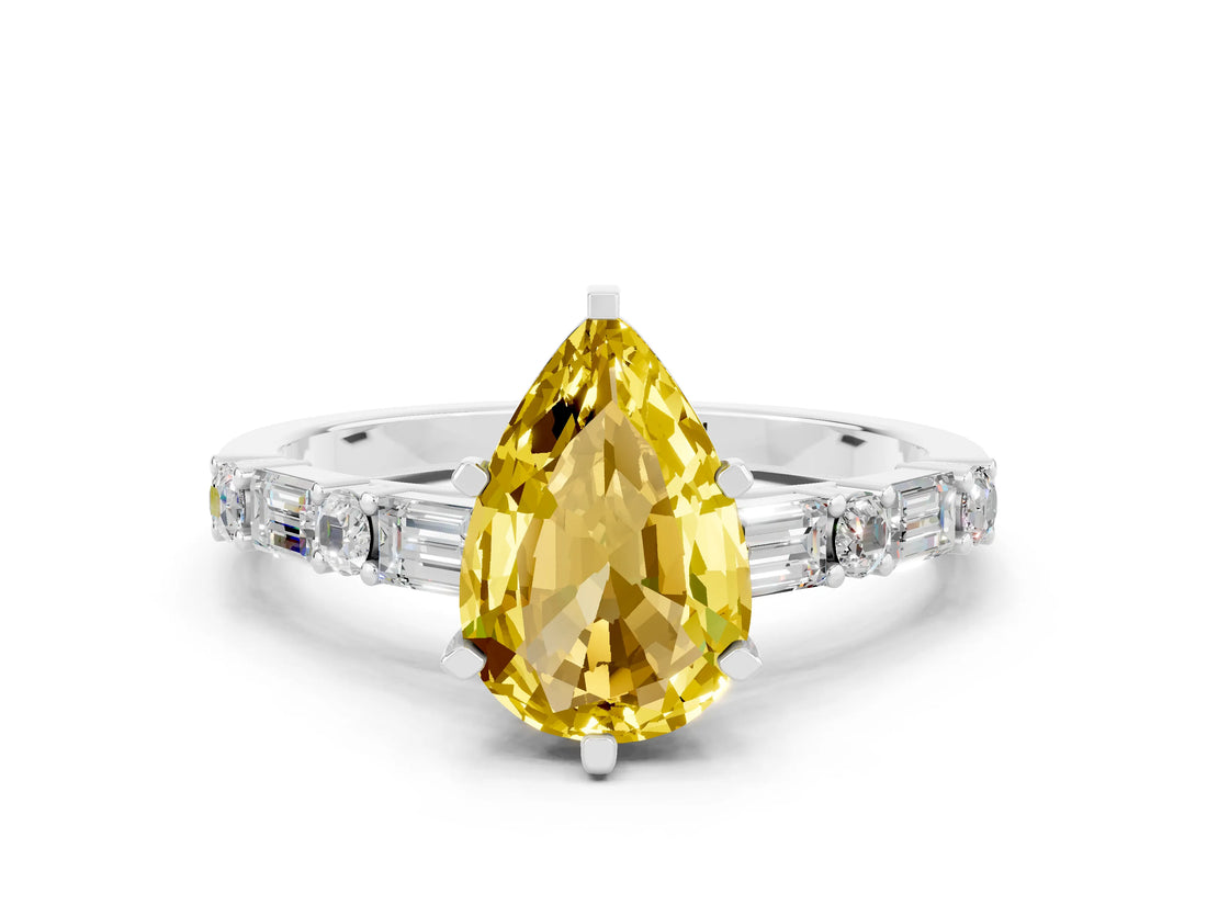 White gold Pear Cut Yellow Sapphire Solitaire with Side Baguettes and Channel Set Band_24