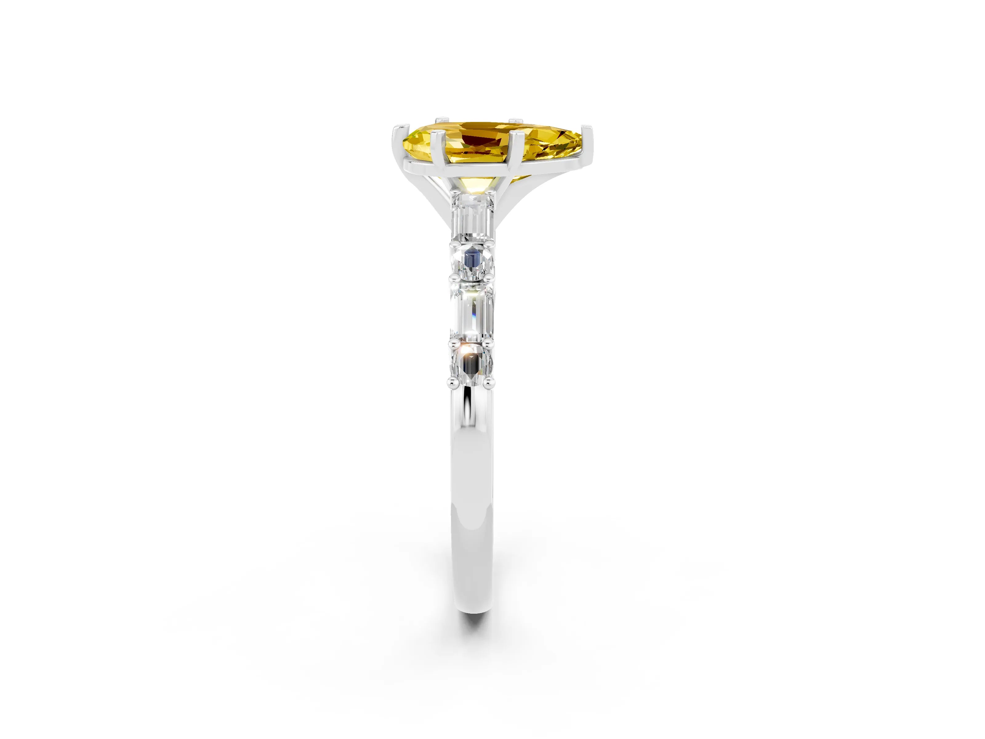 White gold Pear Cut Yellow Sapphire Solitaire with Side Baguettes and Channel Set Band_26