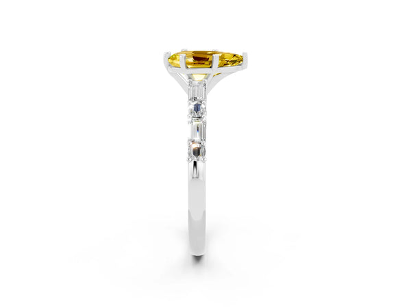 Platinum Pear Cut Yellow Sapphire Solitaire with Side Baguettes and Channel Set Band