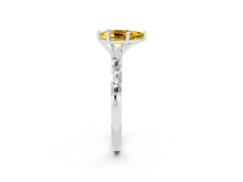 White gold Pear Cut Yellow Sapphire Solitaire with Side Baguettes and Channel Set Band_26