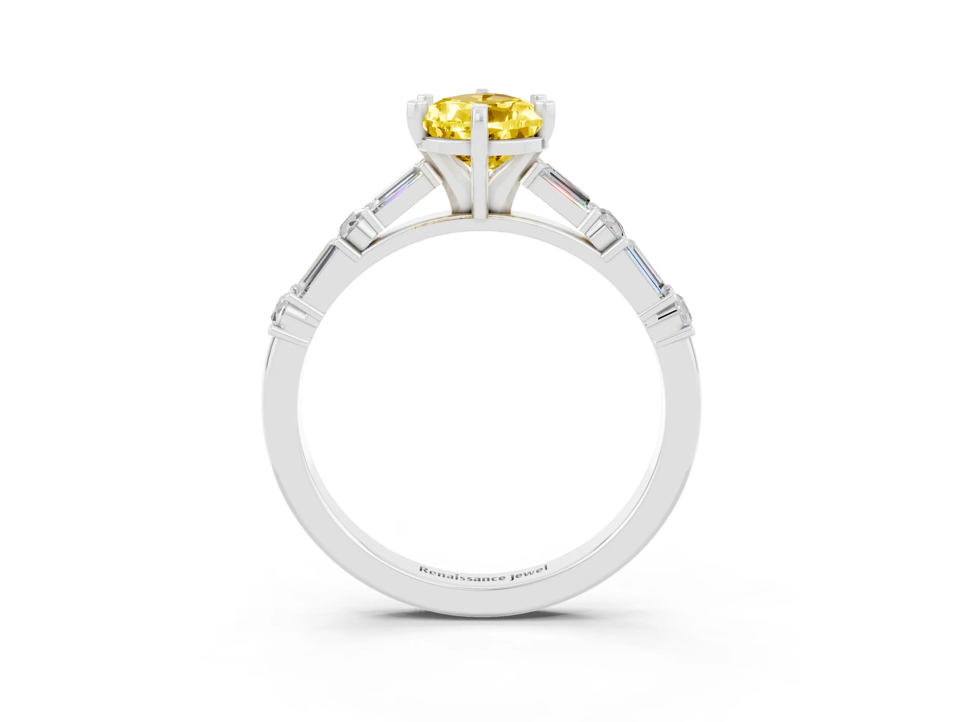 White gold Pear Cut Yellow Sapphire Solitaire with Side Baguettes and Channel Set Band_27