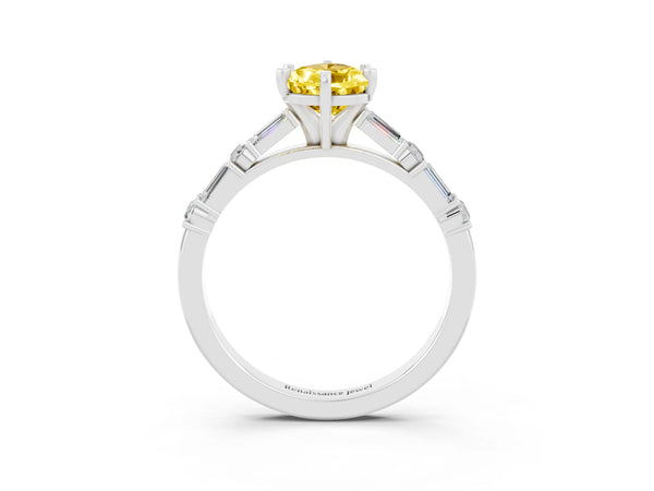 White gold Pear Cut Yellow Sapphire Solitaire with Side Baguettes and Channel Set Band
