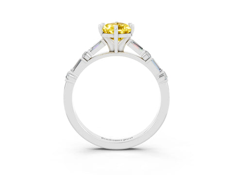 White gold Pear Cut Yellow Sapphire Solitaire with Side Baguettes and Channel Set Band_27