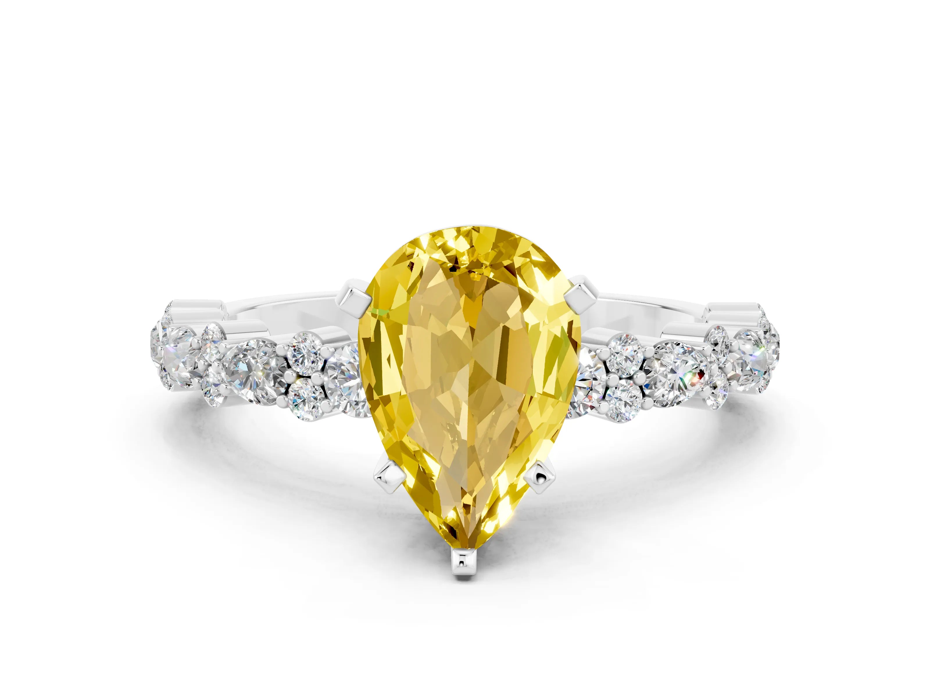 White gold Pear Cut Yellow Sapphire Solitaire with Side Stones, Pave Band, Four-Prong Setting_60