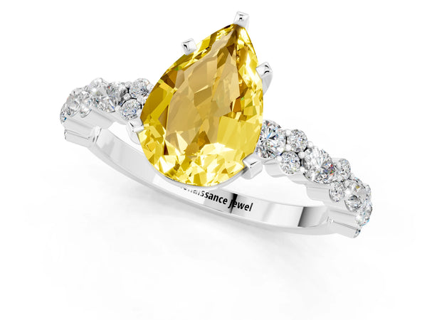 White gold Pear Cut Yellow Sapphire Side Stone Solitaire Ring with Round  and Four-Prong Setting