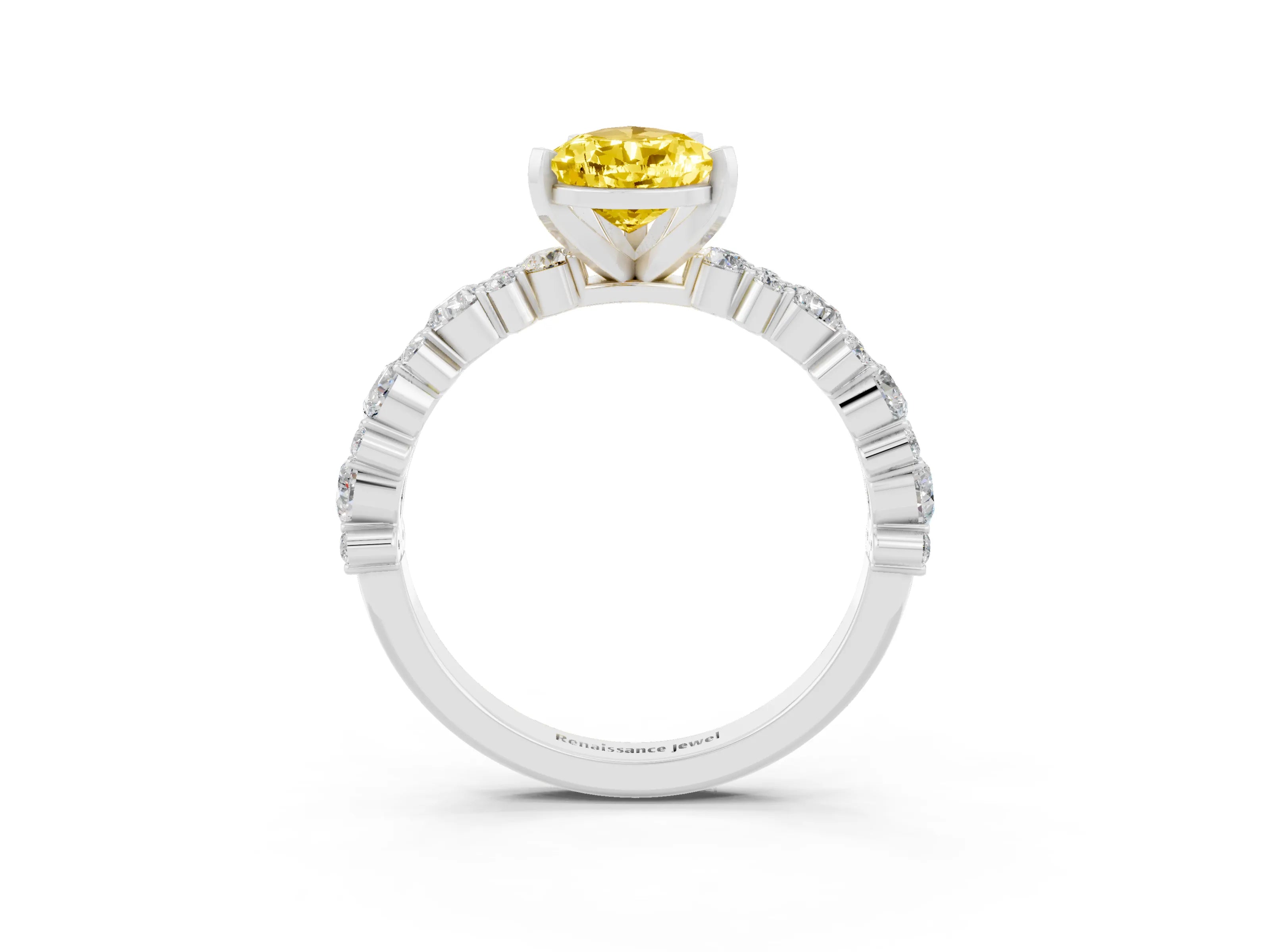 White gold Pear Cut Yellow Sapphire Solitaire with Side Stones, Pave Band, Four-Prong Setting_63