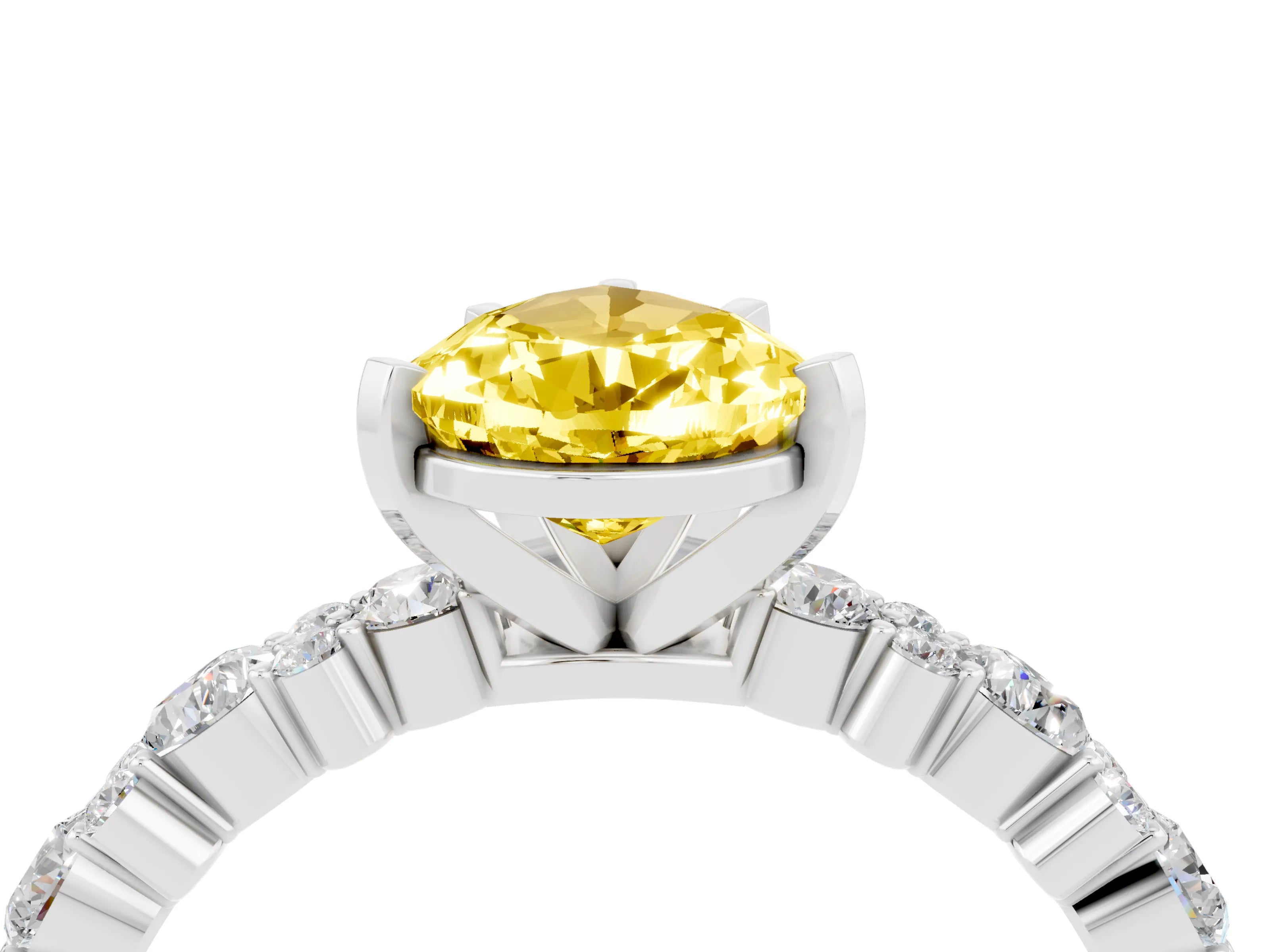 White gold Pear Cut Yellow Sapphire Solitaire with Side Stones, Pave Band, Four-Prong Setting_64