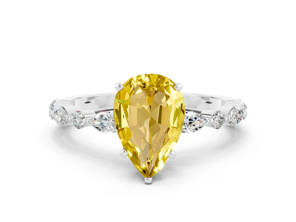 Platinum Pear Cut Yellow Sapphire Ring with Marquise and Round  Side Stones and Four-Prong Setting