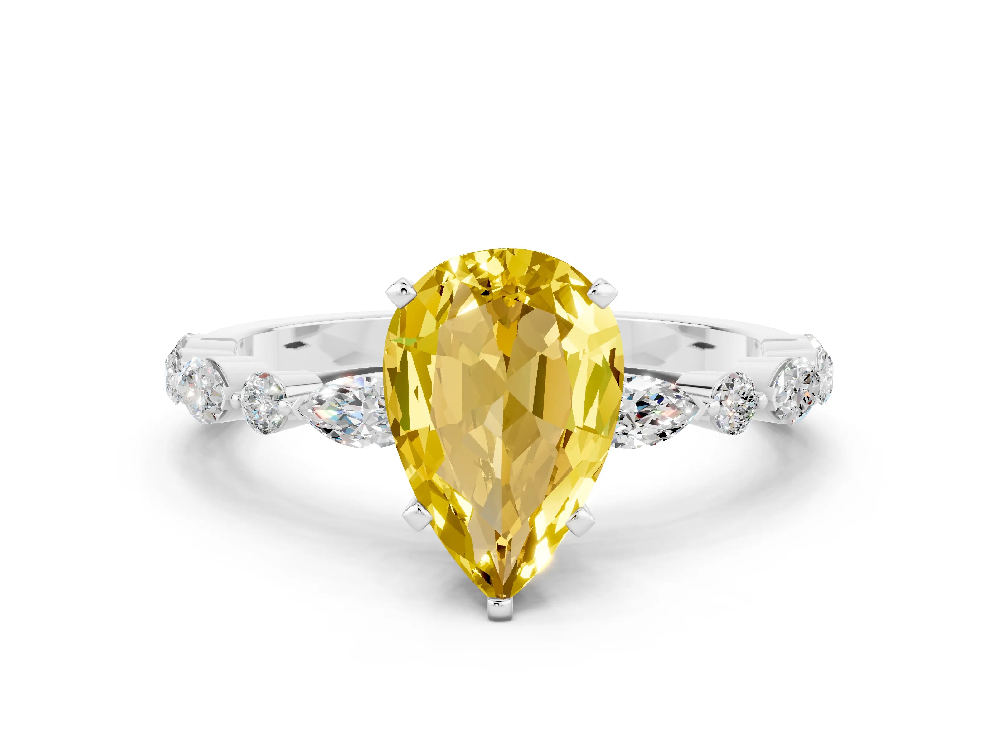 White gold Pear Cut Yellow Sapphire Solitaire with Side Stones on a Pavé Band and Four-Prong Setting_24