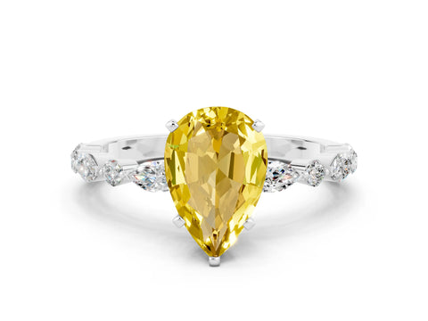 White gold Pear Cut Yellow Sapphire Solitaire with Side Stones on a Pavé Band and Four-Prong Setting_24