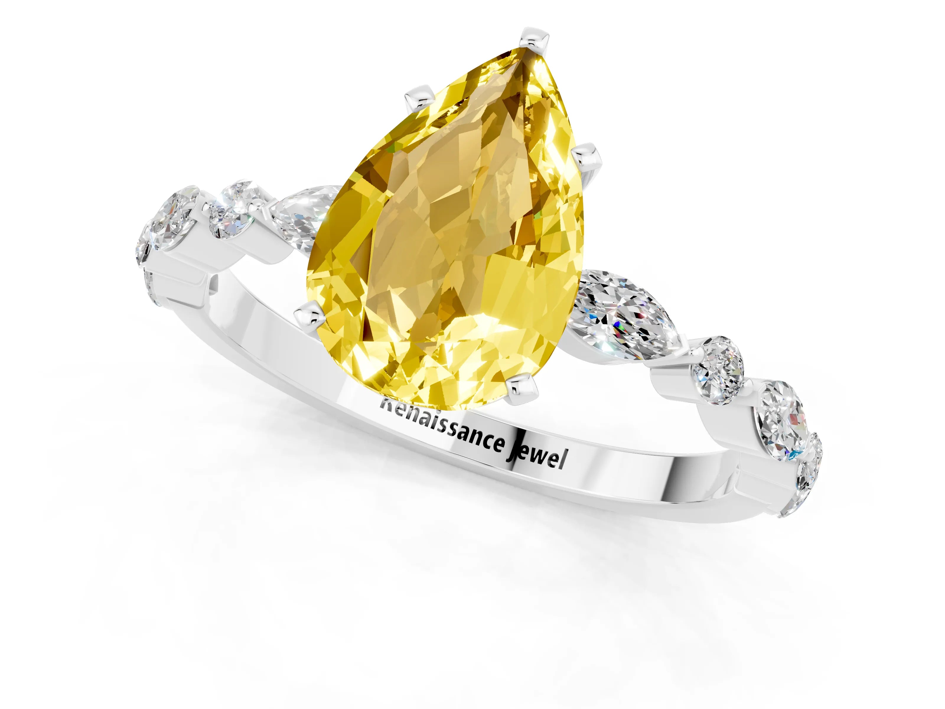 White gold Pear Cut Yellow Sapphire Solitaire with Side Stones on a Pavé Band and Four-Prong Setting_25