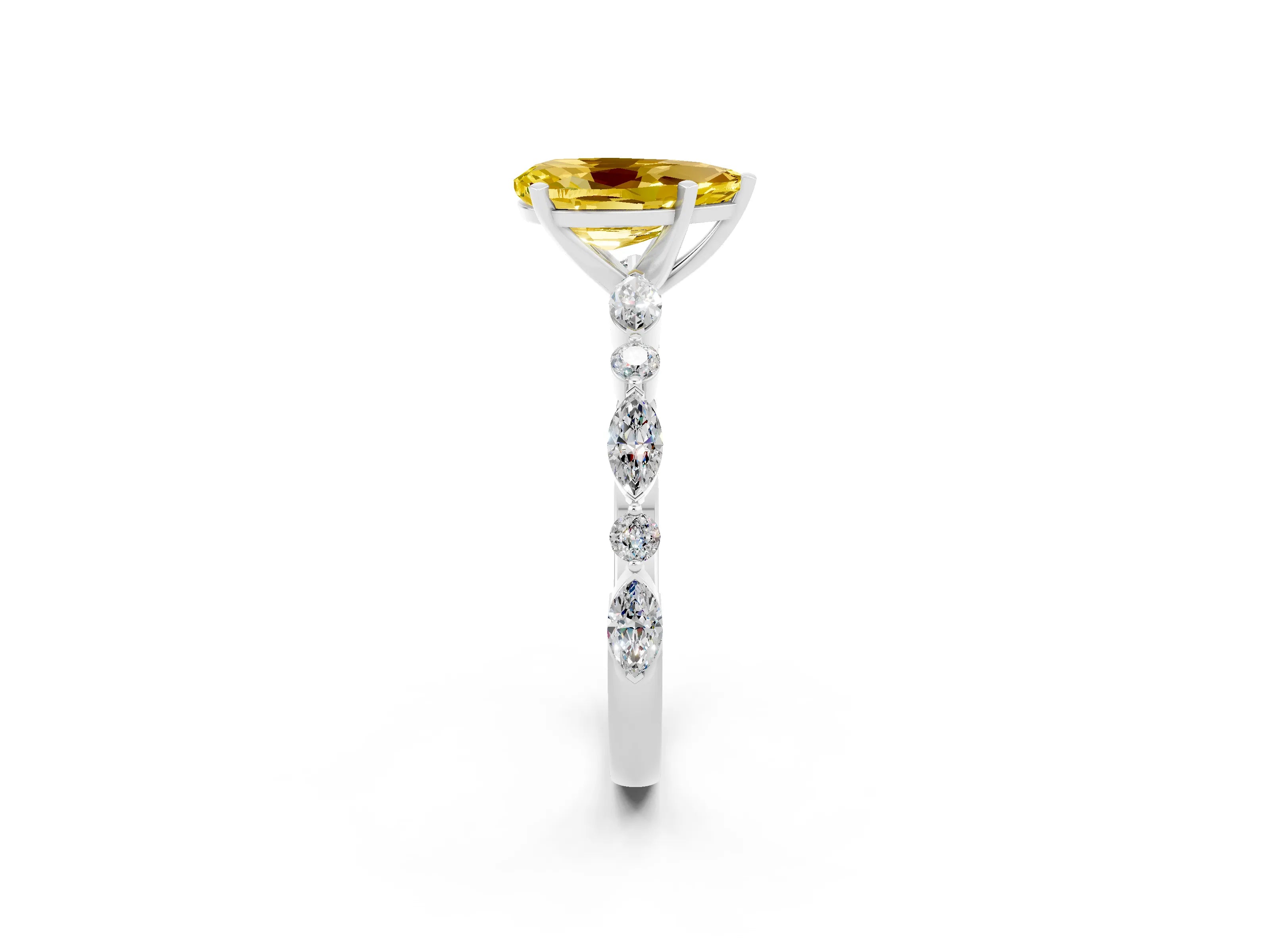 White gold Pear Cut Yellow Sapphire Solitaire with Side Stones on a Pavé Band and Four-Prong Setting_26