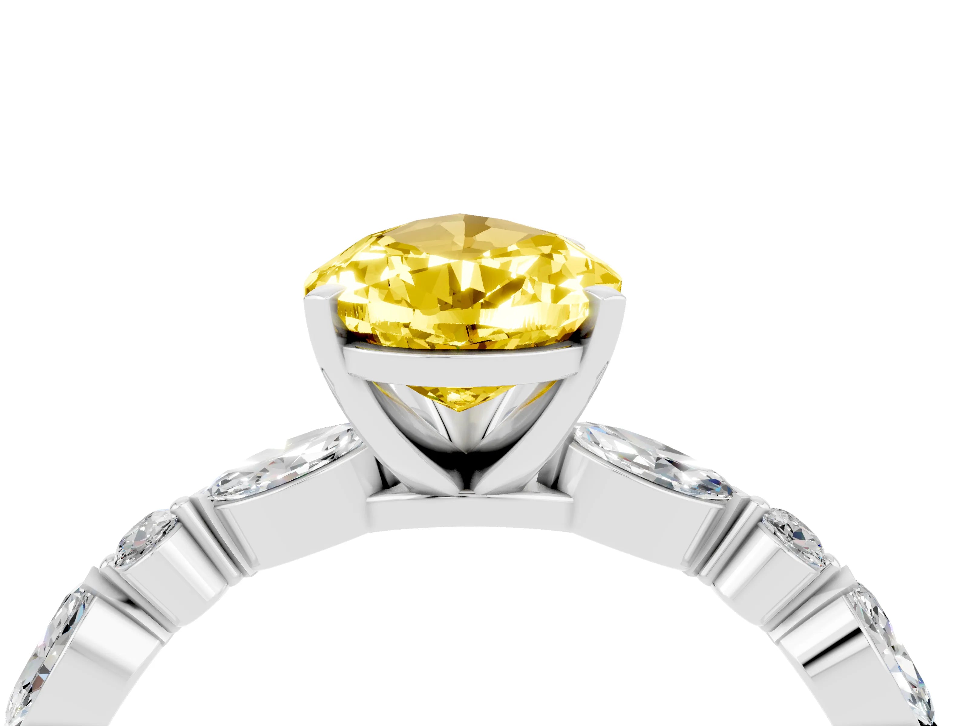 White gold Pear Cut Yellow Sapphire Solitaire with Side Stones on a Pavé Band and Four-Prong Setting_28